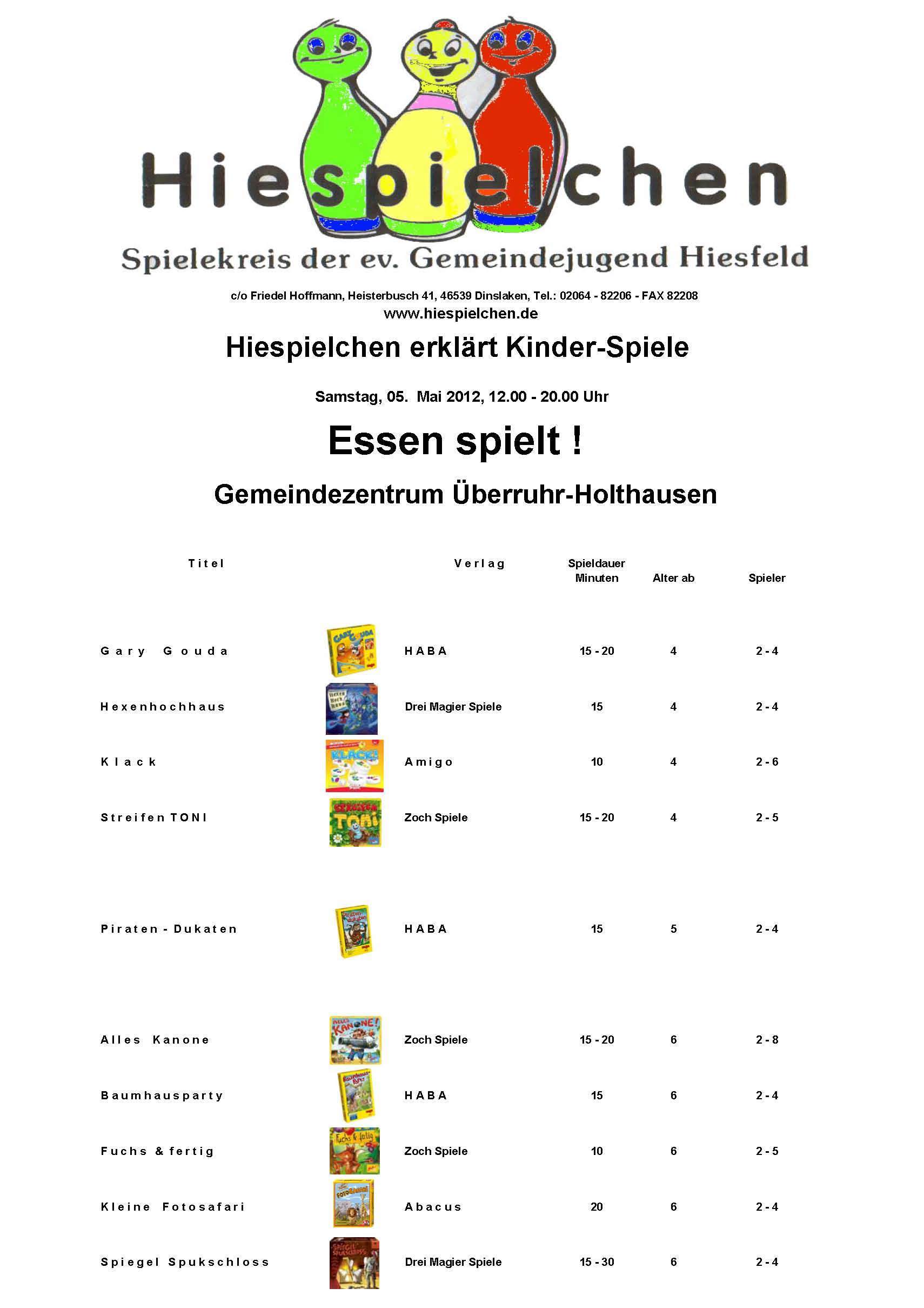 Für jeden eine Liste der Spiele mit Spieldauer, Teilnehmerzahl und Altersangabe, sowie einem kleinen Bild zum Wiedererkennen für interessierte Eltern oder Kinder.