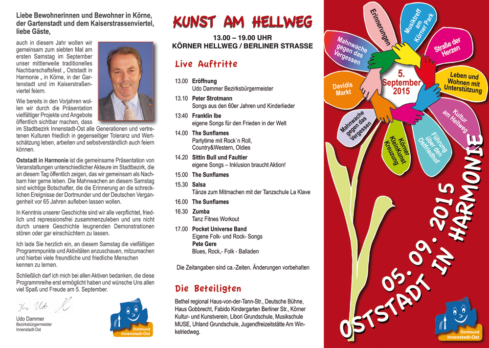 Im Flyer findet sich auch das Grußwort von Bezirksbürgermeister Udo Dammer und das Programm der Körner KleinKunst Kreuzung.