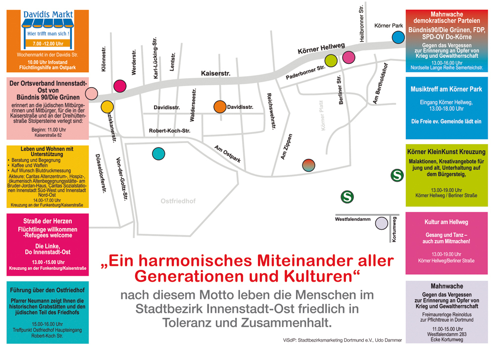 Die Wegeskizze verdeutlicht die Örtlichkeiten der einzelnen Programmpunkt von "Oststadt in Harmonie" in Körne und Kaiserstraßenviertel.