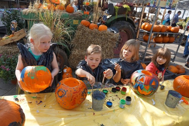 Kürbisse schnitzen und bemalen und dann kostenlos mit nach Hause nehmen - ein großer Spaß für viele Kinder.