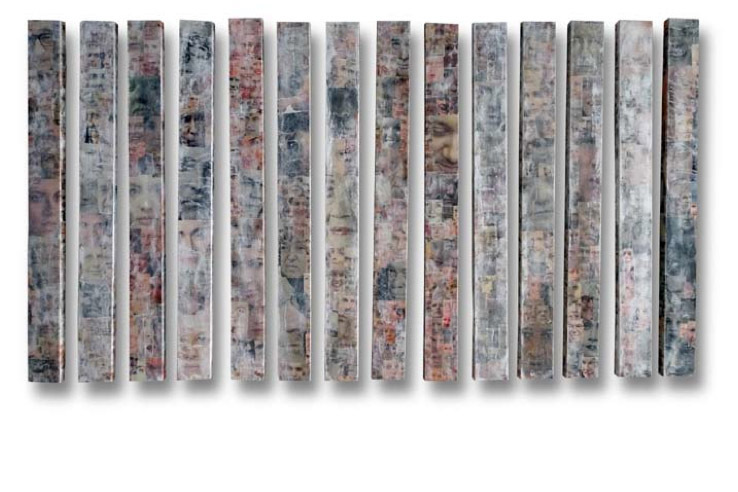 MONIKA FUNKE, Menschen-Leben
2013-2016, Collage/Arcylfarbe auf Holzbrettern, Installation