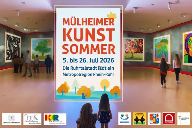 Plakat "Mülheimer Kunstsommer 2026" 5. bis 26. Juli 2026
veranstaltet vom Mülheimer Kunstverein und Kunstförderverein Rhein-Ruhr - KKRR
Ort: "Ruhrstraße 3 / Ecke Delle"
ÖPNV: "Stadtmitte-Mülheim"
NAVI und PARKEN: "Delle 54"
EINTRITT und FÜHRUNGEN: "stets frei - Gäste willkommen" | Foto: Mülheimer Kunstverein und Kunstförderverein Rhein-Ruhr - KKRR
