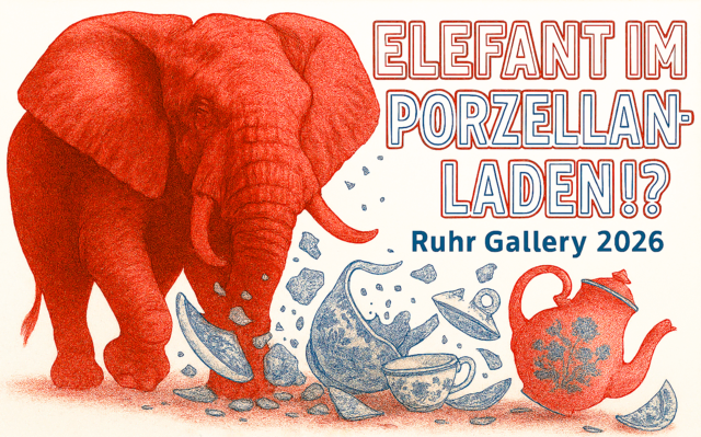 Titel: Elefant im Porzellanladen !? – Transformation durch Bruch
Ort: Mülheim an der Ruhr - VILLA ARTIS als symbolischer Knotenpunkt zwischen Tradition und
Aufbruch.
Narrativ: Der Elefant steht für das Unaufhaltsame, das Große, das Neue. Das Porzellan für das Zerbrechliche, das Alte, das Bewahrte. Der Bruch ist nicht nur
Zerstörung, sondern auch Befreiung von überkommenen Mustern. | Foto: Mülheimer Kunstverein und Kunstförderverein Rhein-Ruhr - KKRR