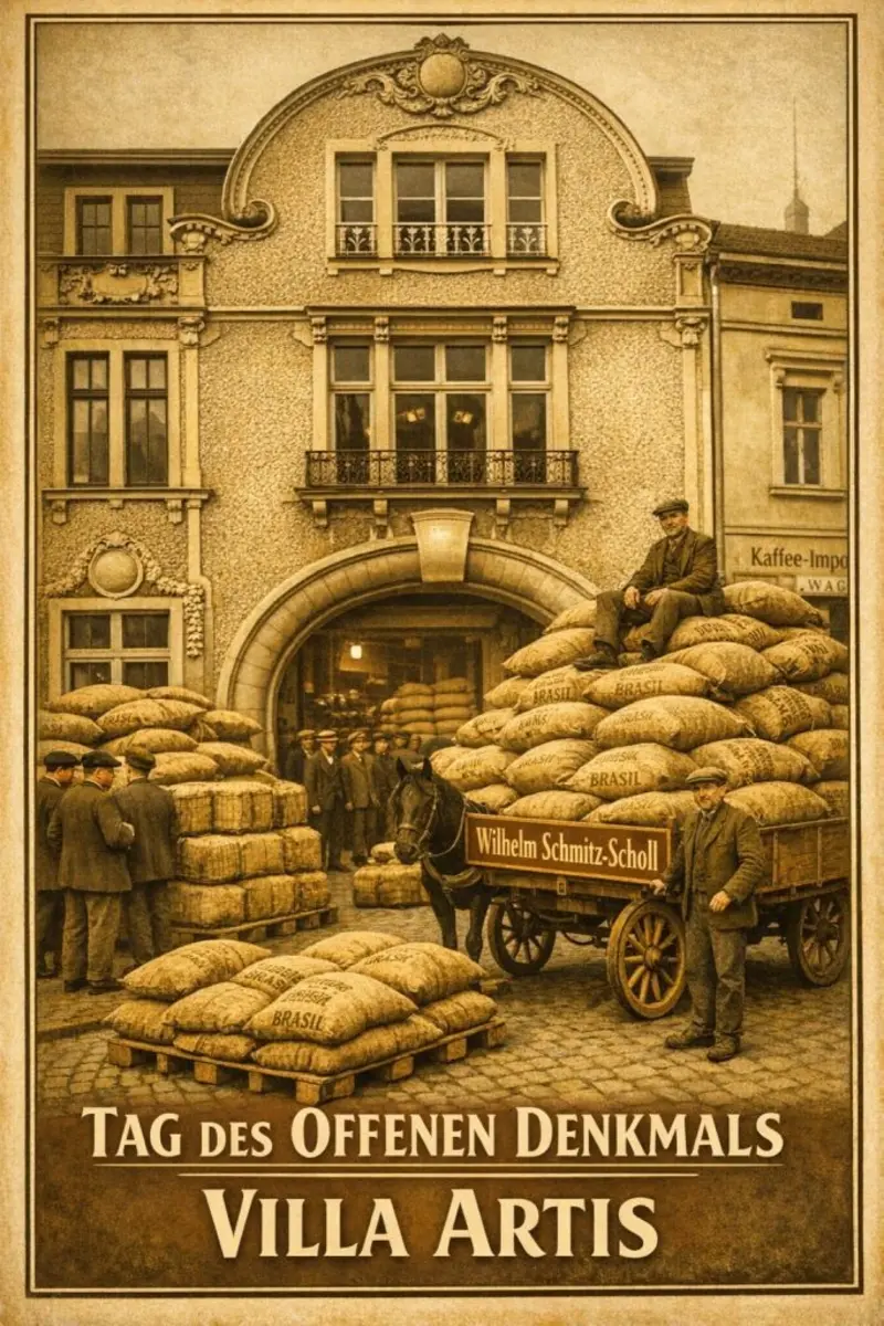 Plakat zum Denkmaltag - das um 1800 erbaute Haus, später überformt diente zunächst als Kontorhaus, Wohnhaus und Kolonialwarenlager.  2012 zog hier der Mülheimer Kunstverein KKRR ein und füllt das Anwesen mit über 1.300 QM mit neuem Leben in der Ruhrstraße 3 | Foto: Archiv Villa Artis