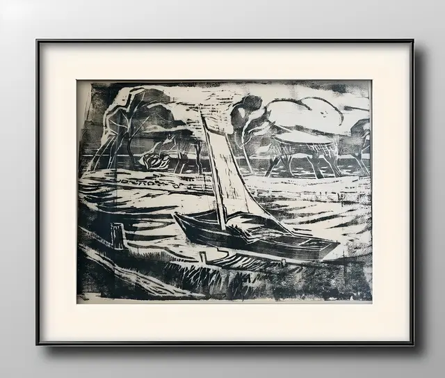 Ruhraake - mit diesen Schiffen kam der Kaffee fußaufwärts nach Mülheim - von Pferden auf dem Leinpfad gezogen.

Großformatiger Linolschnitt (60 x 80 cm) von Hans Fischer - in der Sammlung PERMANENTA in der Villa Artis , Ruhrstr. 3 / Ecke Delle | Foto: Sammlung MMKM Museum Moderne Kunst Mülheim