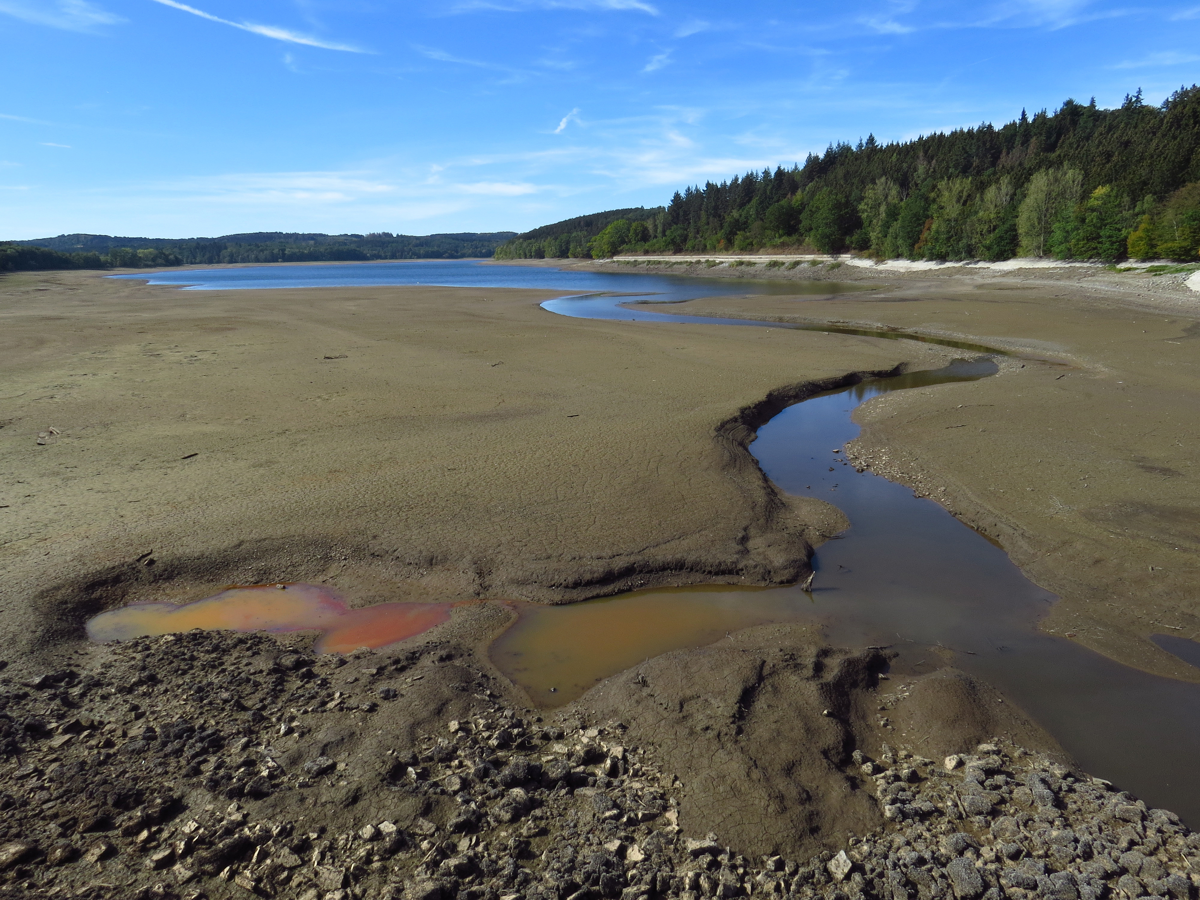 Möhnesee, Niedrigwasser im September 2018, Blick vom Heve-Vordamm am 26.9. ,weite Teile des Seebodens sind sichtbar geworden.