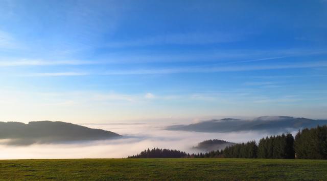 Weit geht der Blick von Wildewiese über das Land der tausend Berge, dazu am frühen Morgen der Nebel in den Tälern.