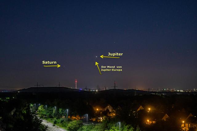 Das Foto habe ich gemacht um 1:30 Uhr nachts am 23.06.2020.Am Foto zu sehen ist Jupiter mit seinem kleinem Mond Europa und links ist der Saturn.