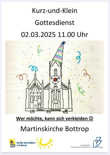 Mit den Kleinsten (Kitaalter) feiern wir einen kurzen, fröhlichen Gottesdienst am Karnevalssonntag in der Martinskirche. - Gern verkleidet kommen! | Foto: Evangelische Kirchengemeinde Bottrop