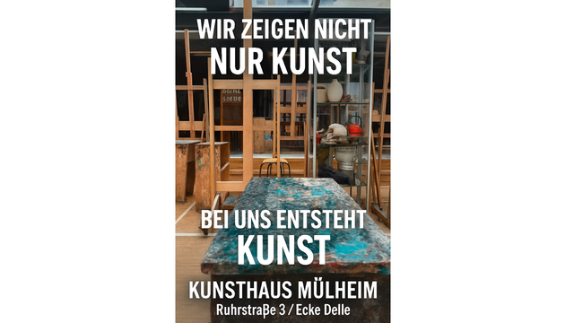Wir zeigen nicht nur Kunst in Ausstellungen - hier entsteht die Kunst: Kunsthaus Mülheim Mitte - Ruhrstr. 3 / Ecke Delle am Innenstadtpark "Ruhranlage"
ÖPNV: "Stadtmitte Mülheim"
NAVI:   "Delle 54" | Foto: Mülheimer Kunstverein KKRR