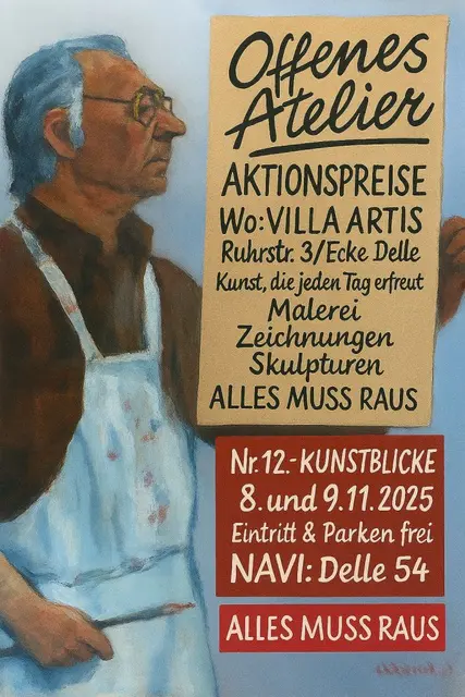 Kommt zu den OFFENEN ATELIERTAGEN "Kunstblicke" Stadtgebiet Mülheim an der Ruhr - In der VILLA ARTIS großer Kunstverkauf: Malerei, Skulpturen, Raritäten und Schnäppchen direkt vom Künstler oder Sammler.
Info: kunstblicke-mh.de in der Ruhrtalstadt Mülheim - Metropolregion Rhein-Ruhr | Foto: Mülheimer Kunstverein und Kunstförderverein Rhein-Ruhr - KKRR, Ruhrstraße 3