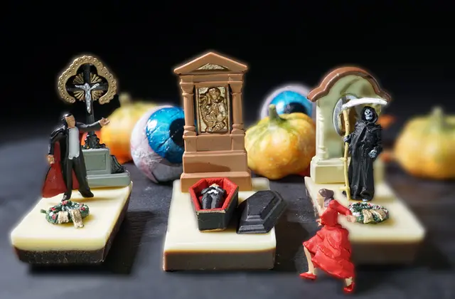 Ich grusele mich zwar nicht gerne (bin ein Angsthase😉), aber als Fotoidee für die Minis konnte ich nicht widerstehen. Die Schokoladengräber (Sorte Kaffee-Sahne) boten sich für ein Foto geradezu an. 🤗